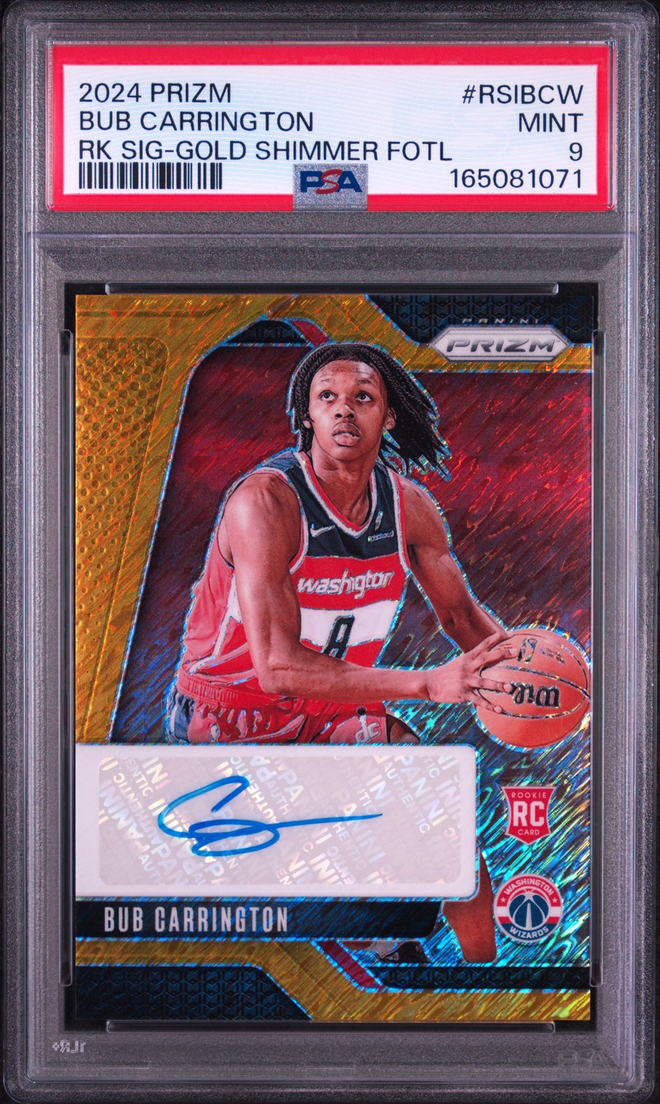 2024 Panini Prizm Rookie Signatures Gold Shimmer Fotl Bub Carrington 5/10 PSA 9